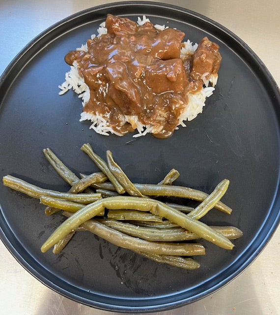 Beef Tips over Rice with Green Beans