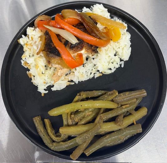 Hawaiian Chicken Topped with Grilled Bell Peppers and Onions Over Rice with Green Beans