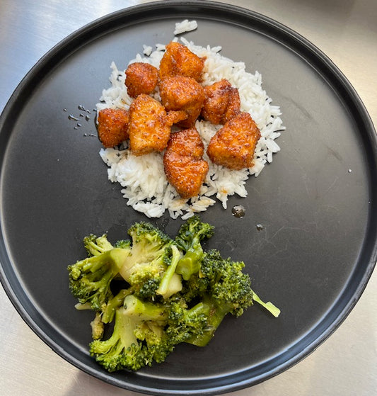 Hot Honey Salmon Bites with Rice and Broccoli