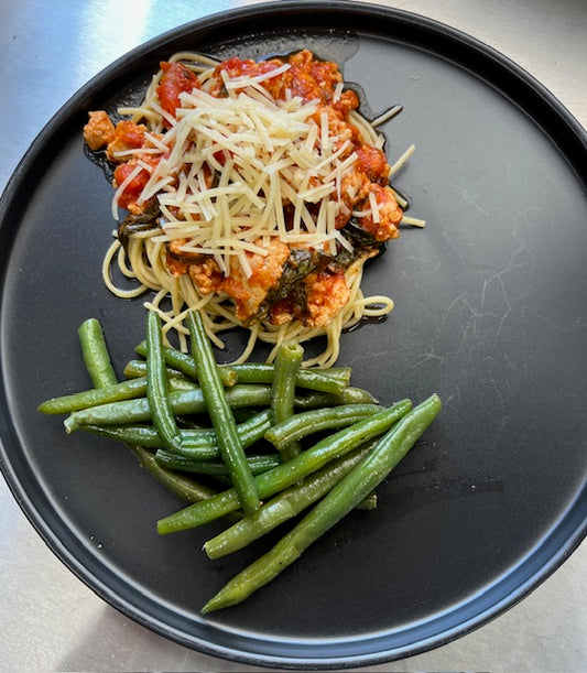 Protein Pasta with Ground Chicken and Green Beans